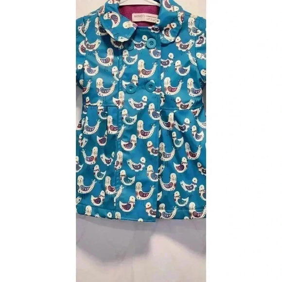 Minoti Toddler Fleece Lined Rain Coat Size 1-2yrs Blue With Paisley Birds Button - Picture 2 of 9